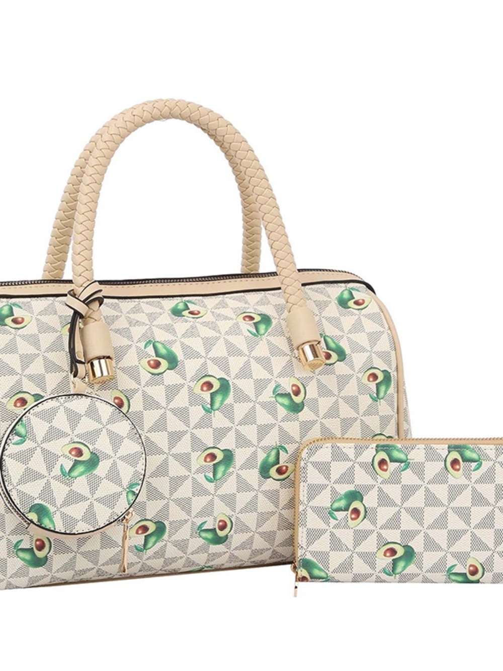 Cream Avocado Print Satchel Bag with Matching Wallet